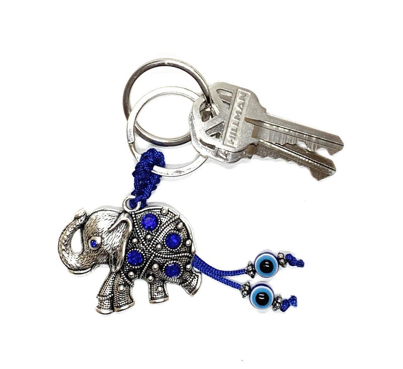 LUCKBOOSTIUM Elephant Keychain with Hanging Evil Eye Tassel - Decorative Evil Eye Keychain for Blessing and Goodluck Charm - Elephant Bag Charm, Rear View Mirror Accessories, Office and Home Decor - Image 2
